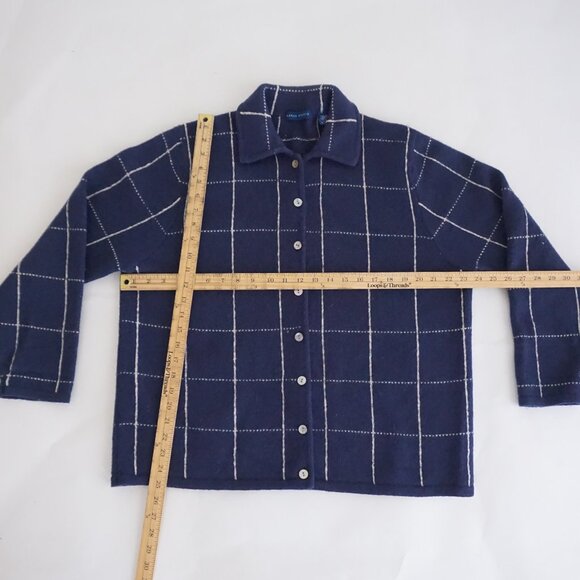 Karen Scott Navy Windowpane Cardigan Sweater Wool Classic A Preppy Cabincore 1X - Picture 2 of 12